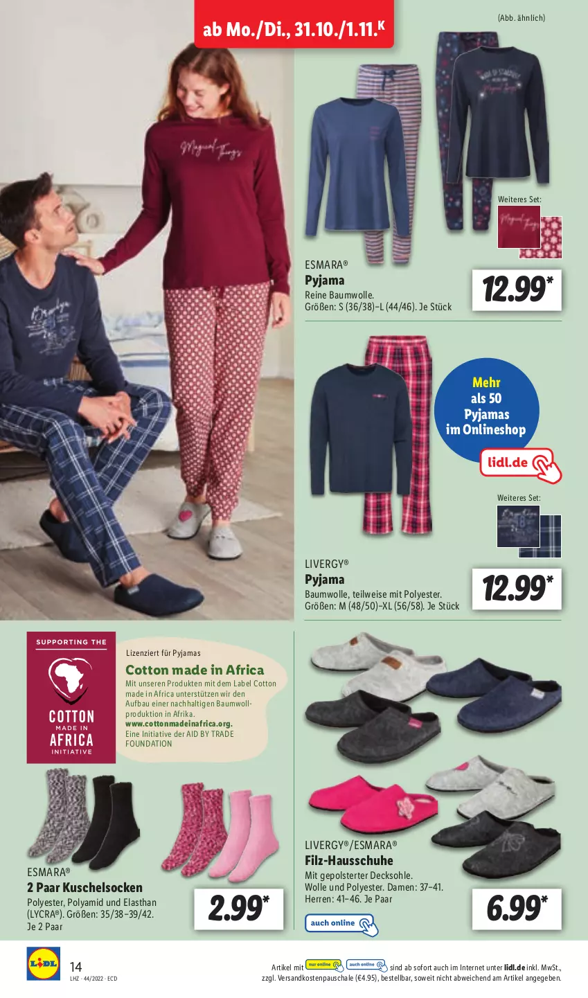 Aktueller Prospekt Lidl - Aktionsprospekt - von 31.10 bis 05.11.2022 - strona 14 - produkty: Bau, baumwolle, decksohle, eis, esmara, Hausschuhe, Kuschelsocken, livergy, ndk, Pyjama, reine baumwolle, Schal, Schale, schuhe, socken, Ti, wolle