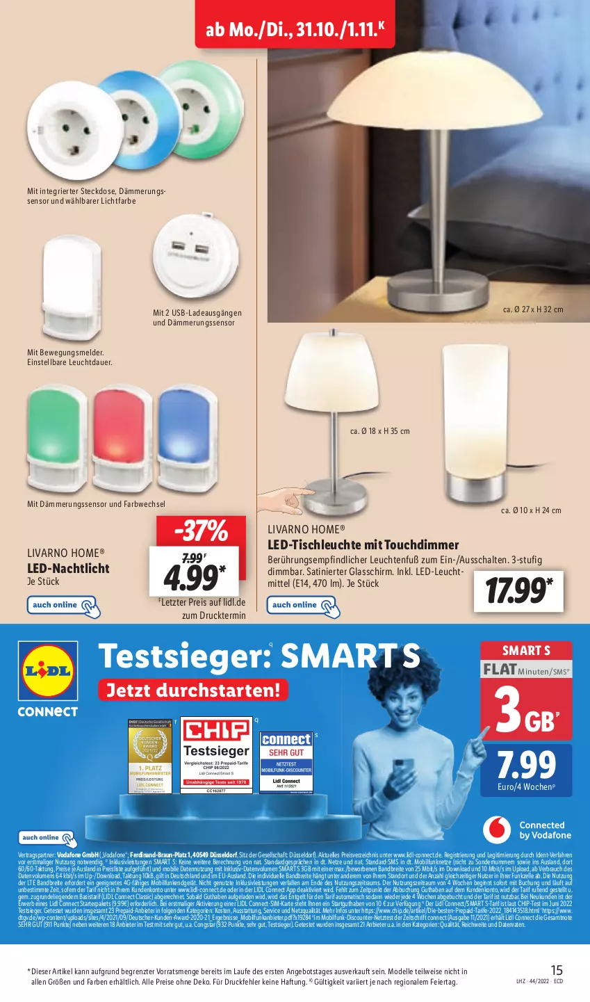 Aktueller Prospekt Lidl - Aktionsprospekt - von 31.10 bis 05.11.2022 - strona 15 - produkty: angebot, auer, auto, braun, Brei, buch, congstar, dell, dimmer, discount, eier, eis, elle, gin, inklusivleistungen, led-tischleuchte, Leuchte, leuchten, leuchtmittel, LG, Liege, Mode, Nachtlicht, Rauch, reis, rwe, Schal, sim, Soda, steckdose, Ti, tisch, tischleuchte, usb, vodafone, ZTE