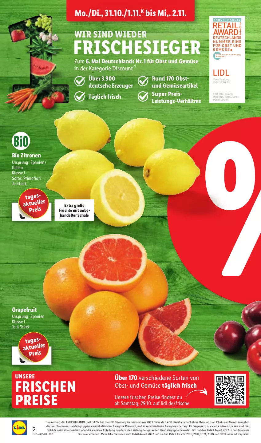 Aktueller Prospekt Lidl - Aktionsprospekt - von 31.10 bis 05.11.2022 - strona 2 - produkty: Abtei, angebot, bio, discount, eis, elle, ente, frucht, früchte, grapefruit, magazin, obst, Obst und Gemüse, reis, Schal, Schale, Ti, und gemüse, zitrone, zitronen