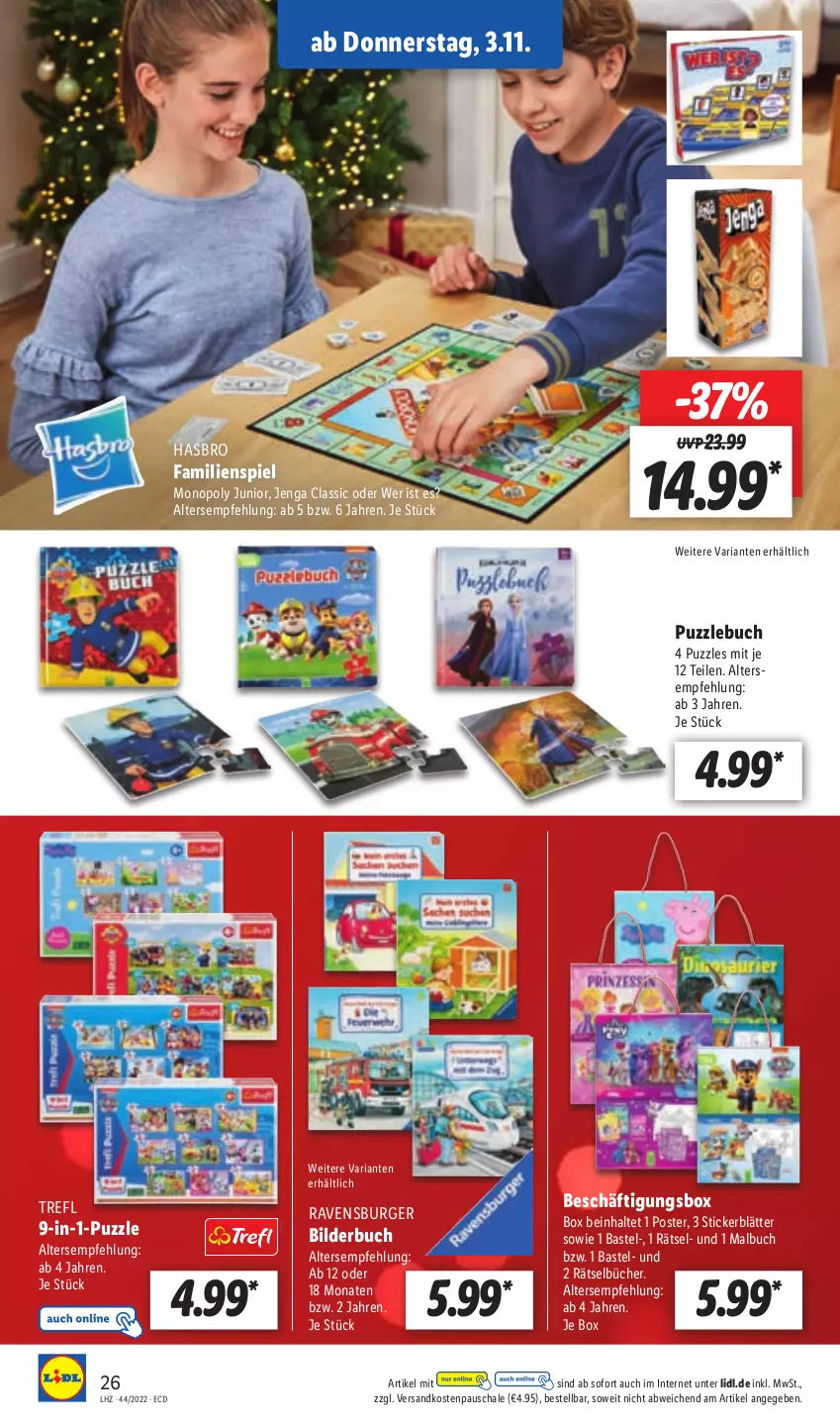 Aktueller Prospekt Lidl - Aktionsprospekt - von 31.10 bis 05.11.2022 - strona 26 - produkty: buch, burger, Familienspiel, Hasbro, Malbuch, ndk, Puzzle, ravensburger, Ria, Schal, Schale, Ti