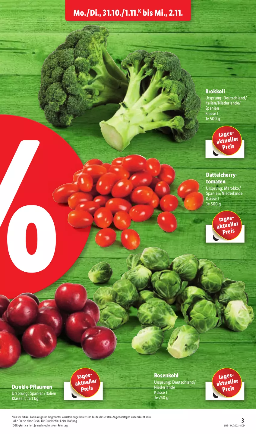 Aktueller Prospekt Lidl - Aktionsprospekt - von 31.10 bis 05.11.2022 - strona 3 - produkty: angebot, brokkoli, eier, eis, elle, pflaume, pflaumen, reis, rosen, Rosenkohl, Ti, tomate, tomaten, ZTE