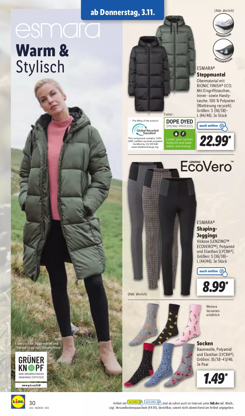 Aktueller Prospekt Lidl - Aktionsprospekt - von 31.10 bis 05.11.2022 - strona 30 - produkty: Bau, baumwolle, bio, ecovero, esmara, Finish, gin, Handy, Handytasche, hose, leggings, lenzing, Mantel, ndk, Ria, rum, Schal, Schale, socken, Steppmante, Strumpfhose, Tasche, taschen, Ti, wolle