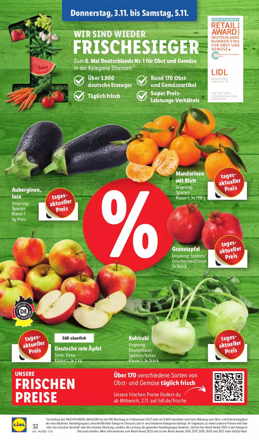 Aktueller Prospekt Lidl - Aktionsprospekt - von 31.10 bis 05.11.2022 - strona 32 - produkty: Abtei, angebot, apfel, aubergine, auberginen, discount, eis, elle, ente, frucht, gin, grana, granatapfel, kohlrabi, magazin, mandarine, mandarinen, obst, Obst und Gemüse, Rana, reis, Ti, und gemüse