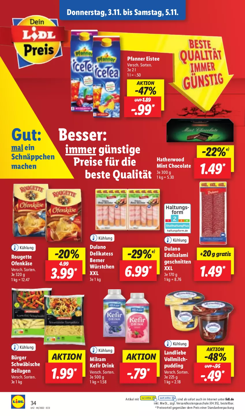 Aktueller Prospekt Lidl - Aktionsprospekt - von 31.10 bis 05.11.2022 - strona 34 - produkty: cola, drink, dulano, Edelsalami, eis, eistee, HP, ilag, Käse, Kefir, landliebe, mac, milch, milram, mint, ndk, Ofen, Ofenkäse, pfanne, Pfanner, preisvorteil, pudding, reis, rouge, rougette, salami, Schal, Schale, schnäppchen, schnitten, tee, Ti, vollmilch, würstchen