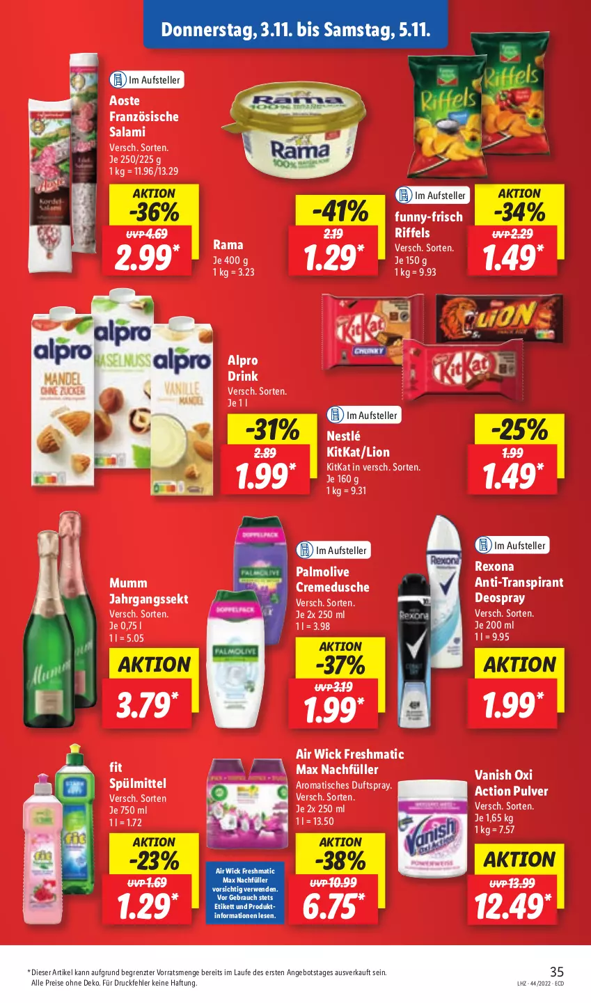 Aktueller Prospekt Lidl - Aktionsprospekt - von 31.10 bis 05.11.2022 - strona 35 - produkty: Air Wick, alpro, angebot, creme, cremedusche, deo, deospray, drink, Duftspray, dusche, eis, elle, funny-frisch, jahrgangssekt, kitkat, lion, mumm, nestlé, olive, oxi action, palmolive, rama, Rauch, reis, rexona, rwe, salami, sekt, spülmittel, teller, Ti, tisch, vanish, vanish oxi action, WICK, ZTE