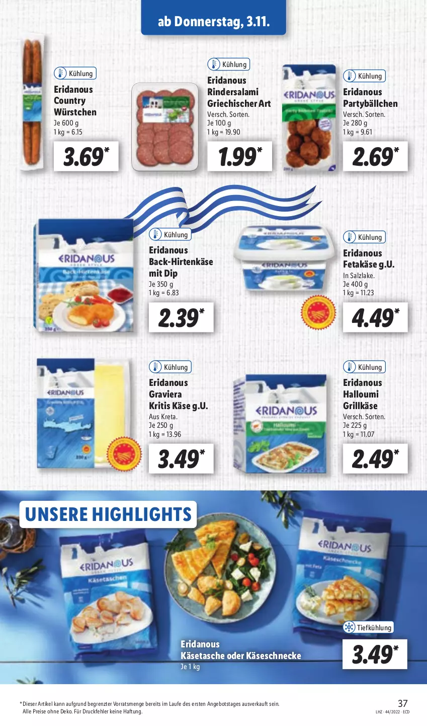 Aktueller Prospekt Lidl - Aktionsprospekt - von 31.10 bis 05.11.2022 - strona 37 - produkty: angebot, dip, eis, feta, grill, Grillkäse, Halloumi, hirtenkäse, Käse, Käseschnecke, reis, rind, rinder, Rindersalami, salami, salz, Tasche, Ti, würstchen, ZTE