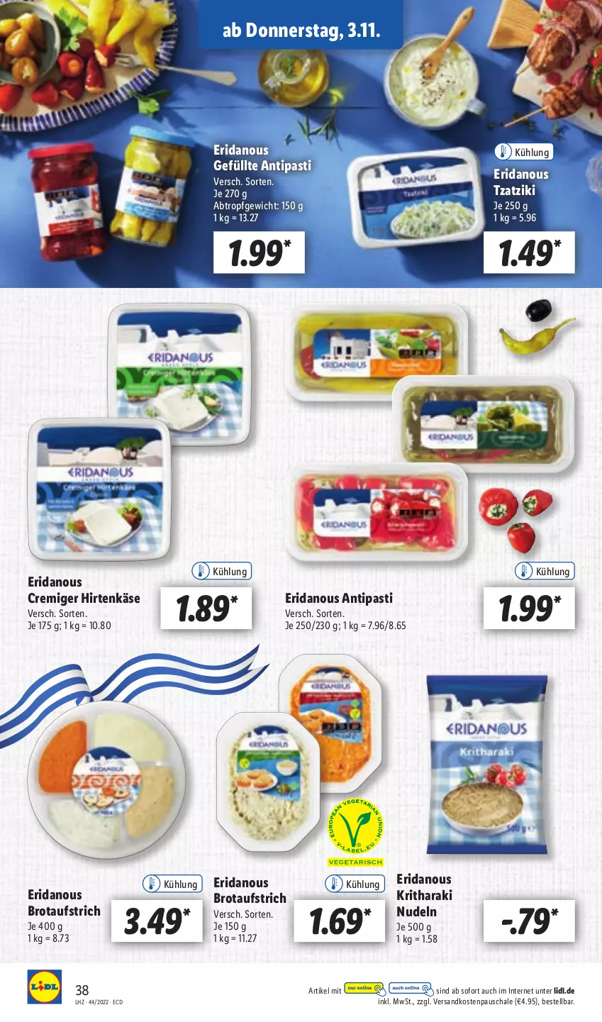 Aktueller Prospekt Lidl - Aktionsprospekt - von 31.10 bis 05.11.2022 - strona 38 - produkty: antipasti, asti, aufstrich, brot, brotaufstrich, hirtenkäse, Käse, ndk, nudel, nudeln, Schal, Schale, Ti, tzatziki