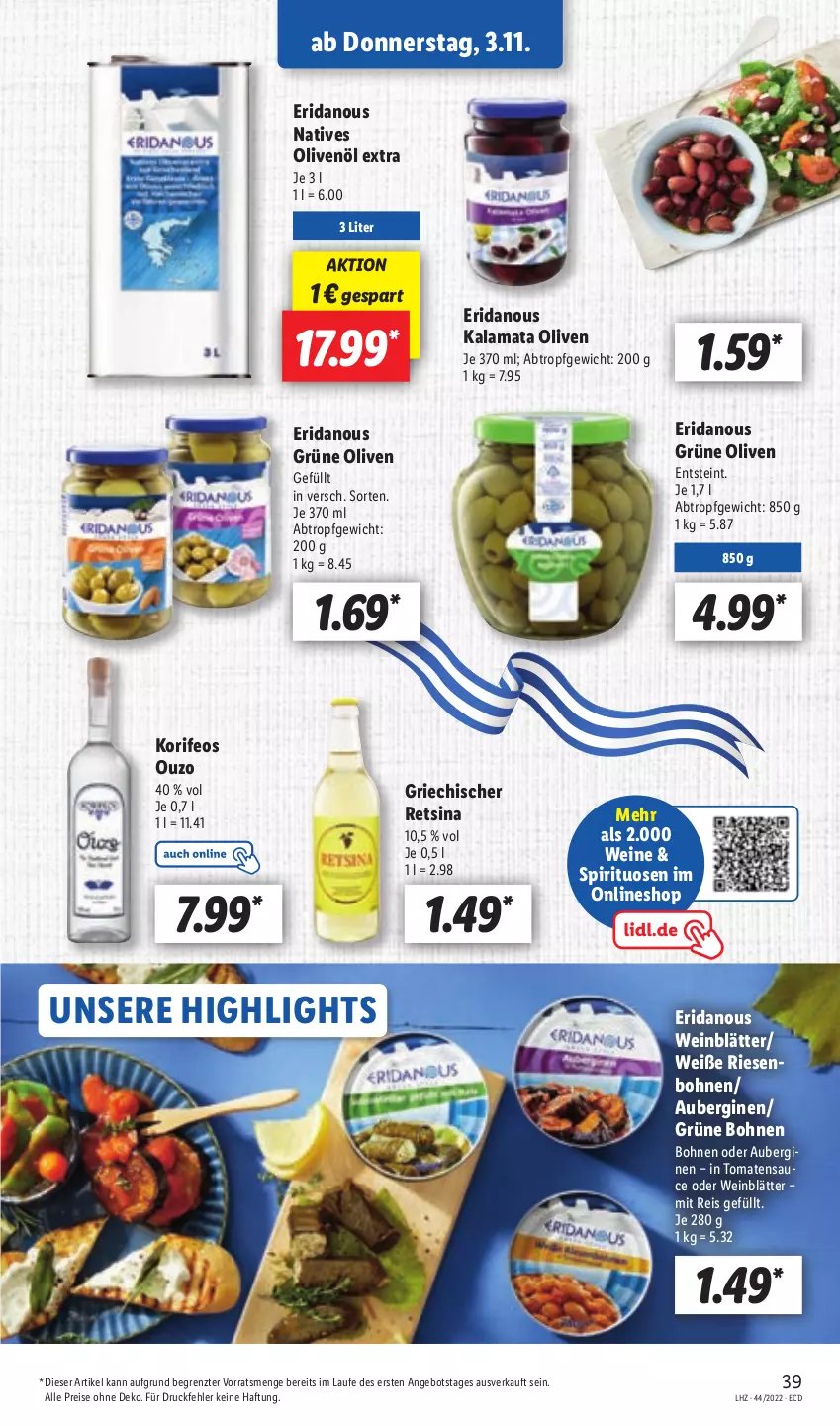 Aktueller Prospekt Lidl - Aktionsprospekt - von 31.10 bis 05.11.2022 - strona 39 - produkty: angebot, aubergine, auberginen, bohne, bohnen, eis, gin, grüne bohnen, grüne oliven, natives olivenöl, olive, oliven, olivenöl, olivenöl extra, ouzo, reis, Retsina, sauce, spirituosen, Ti, tomate, tomaten, tomatensauce, wein, weine, ZTE