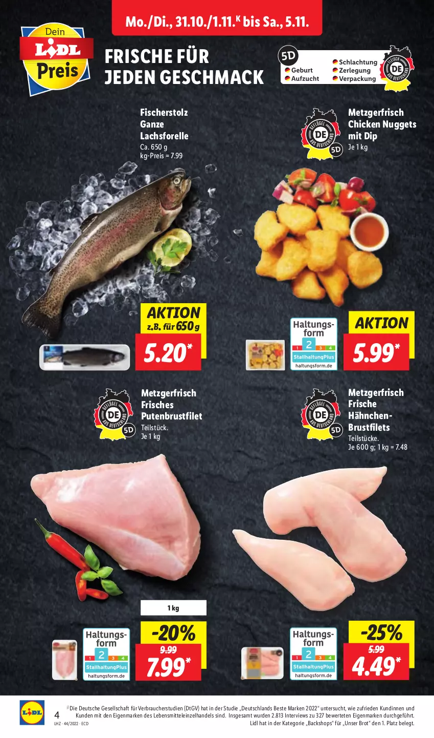 Aktueller Prospekt Lidl - Aktionsprospekt - von 31.10 bis 05.11.2022 - strona 4 - produkty: brot, brustfilet, chicken nuggets, dip, eis, elle, filet, filets, fisch, fische, Fischer, forelle, Frische Hähnchen, hähnchenbrust, hähnchenbrustfilet, lachs, lebensmittel, mac, nuggets, pute, putenbrust, putenbrustfilet, Rauch, reis, rel, Ti