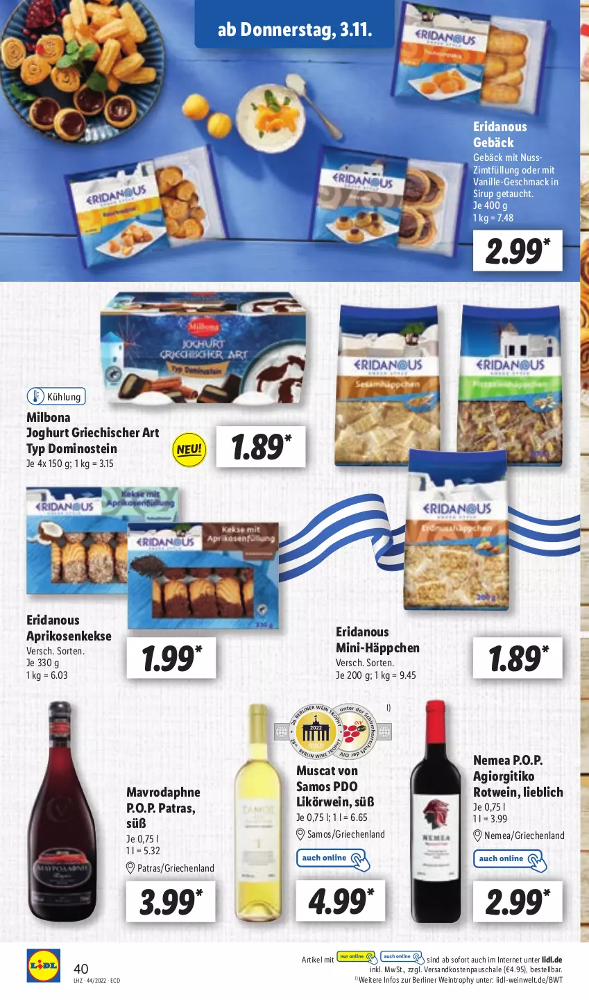 Aktueller Prospekt Lidl - Aktionsprospekt - von 31.10 bis 05.11.2022 - strona 40 - produkty: aprikose, aprikosen, berliner, Bona, joghur, joghurt, keks, kekse, likör, mac, Milbona, muscat, ndk, nuss, rotwein, rwe, Schal, Schale, sirup, Ti, vanille, wein