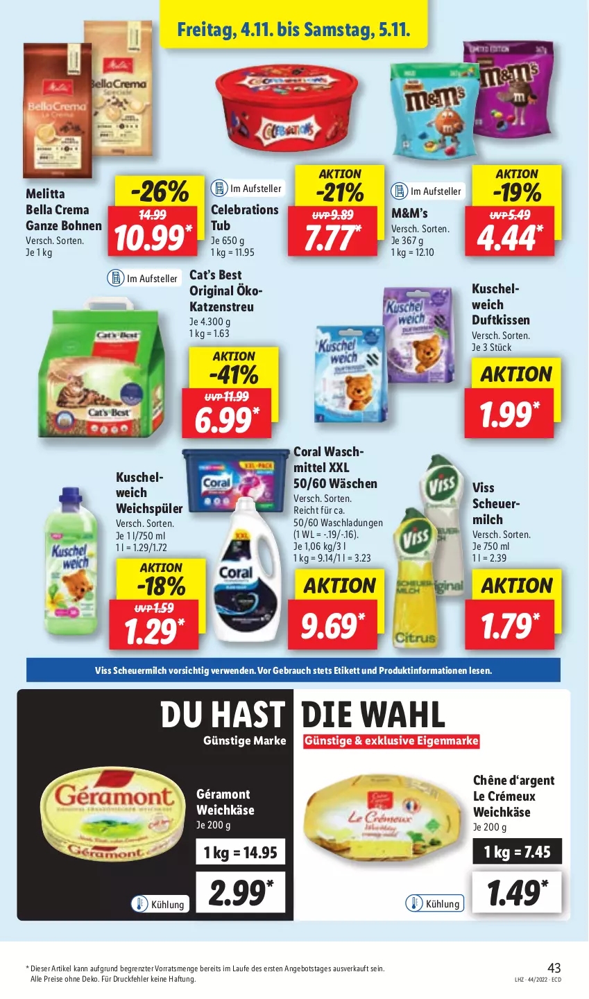 Aktueller Prospekt Lidl - Aktionsprospekt - von 31.10 bis 05.11.2022 - strona 45 - produkty: angebot, bella crema, bohne, bohnen, Coral, Duftkissen, eis, elle, géramont, gin, Heu, Käse, Katzenstreu, kissen, Kuschelweich, melitta, milch, Rauch, reis, rwe, scheuermilch, teller, Ti, waschmittel, weichkäse, weichspüler, ZTE