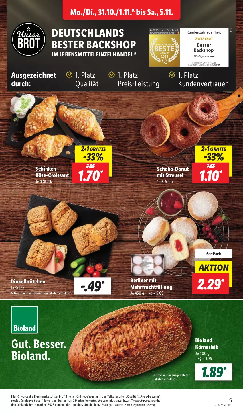 Aktueller Prospekt Lidl - Aktionsprospekt - von 31.10 bis 05.11.2022 - strona 5 - produkty: berliner, bio, bioland, brot, brötchen, Croissant, dinkelbrötchen, Donut, eier, eis, frucht, Käse, lebensmittel, reis, schinken, schoko, Ti