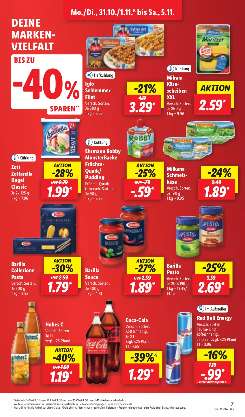 Aktueller Prospekt Lidl - Aktionsprospekt - von 31.10 bis 05.11.2022 - strona 7 - produkty: aktionspreis, barilla, coca-cola, cola, ehrmann, eier, eis, elle, filet, früchte, Gläser, gutschein, Hohes C, iglo, Käse, käsescheiben, Kugel, LG, milka, milkana, milram, monster, nescafe, pasta, pesto, preisvorteil, pudding, quark, red bull, reis, rel, robby, sauce, Schmelzkäse, teller, Ti, zott, zottarella, ZTE