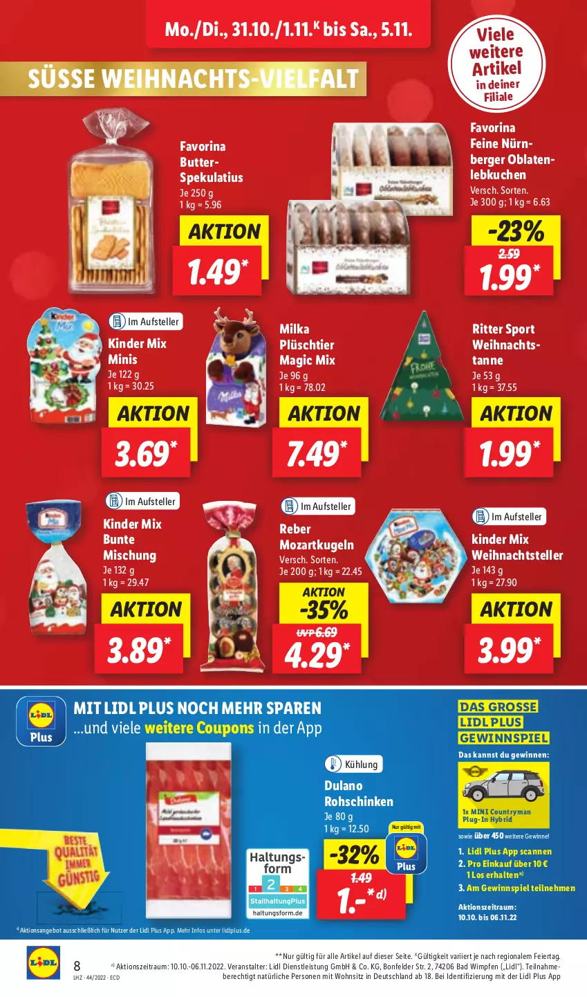 Aktueller Prospekt Lidl - Aktionsprospekt - von 31.10 bis 05.11.2022 - strona 8 - produkty: angebot, Bad, Berger, butter, Butterspekulatius, coupon, coupons, dulano, eier, eis, elle, gewinnspiel, Kinder, kuchen, Kugel, Lebkuchen, milka, nürnberger, Oblaten, Plüsch, ritter, ritter sport, rohschinken, schinken, Sport, teller, Ti