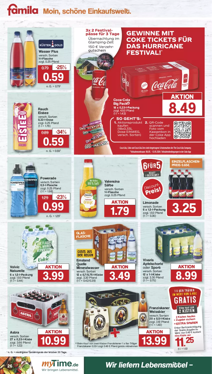 Aktueller Prospekt Famila - Prospekte - von 06.05 bis 11.05.2024 - strona 27 - produkty: Alwa, apfel, Apfelschorle, Astra, bier, cola, eis, eistee, elle, flasche, franziskaner, lebensmittel, limo, limonade, mineralwasser, natur, Rauch, reis, rel, säfte, schorle, Sport, tee, Ti, valensina, Vivaris, volvic, wasser, weissbier, ZTE