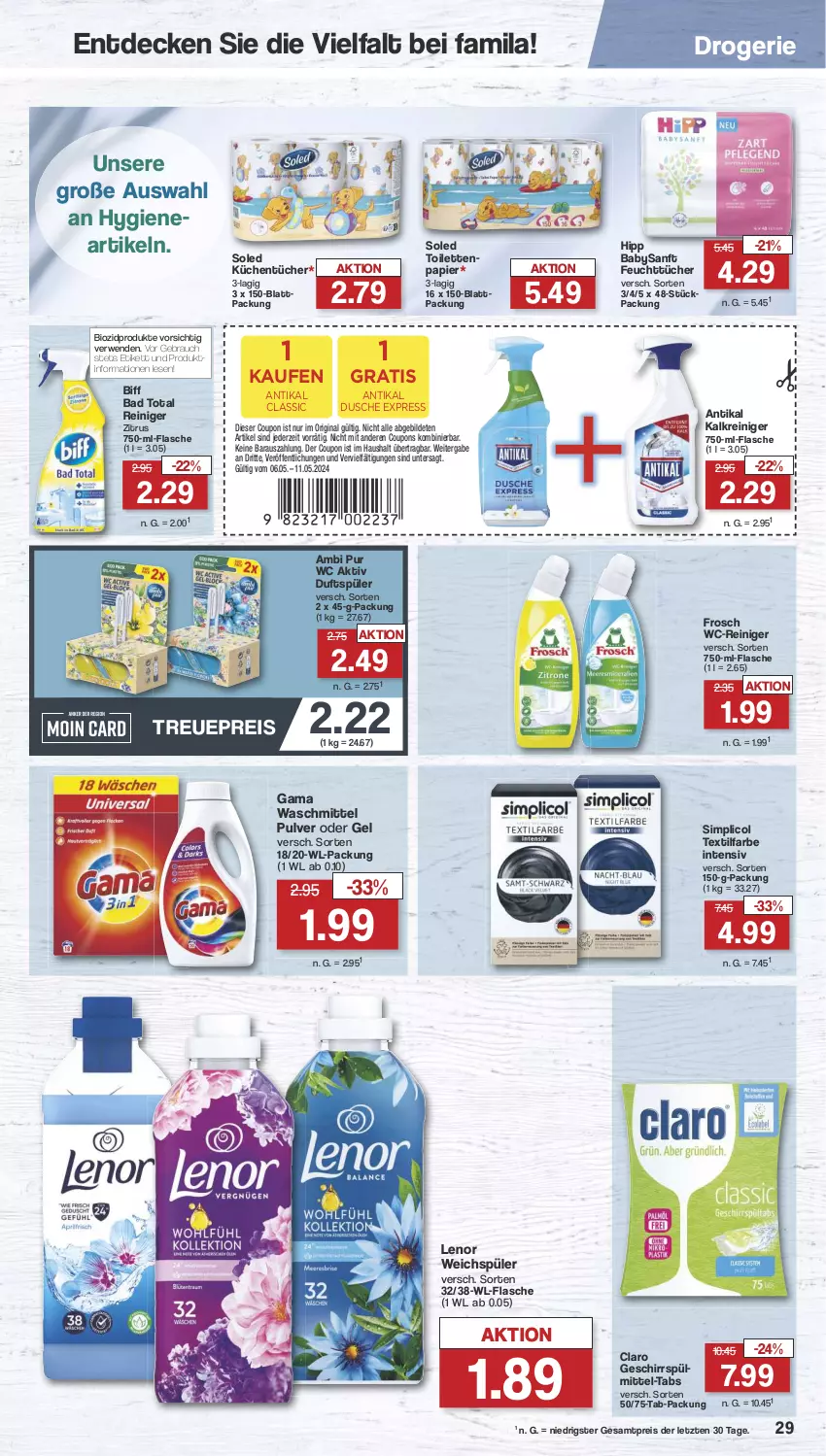 Aktueller Prospekt Famila - Prospekte - von 06.05 bis 11.05.2024 - strona 30 - produkty: Bad, biff, bio, biozidprodukte, coupon, coupons, decke, dusche, eis, feuchttücher, flasche, Frosch, geschirr, gin, hipp, Kalkreiniger, küche, Küchen, küchentücher, lenor, lenor weichspüler, papier, Rauch, reiniger, reis, rwe, sim, Textilfarbe, Ti, tücher, waschmittel, weichspüler, ZTE