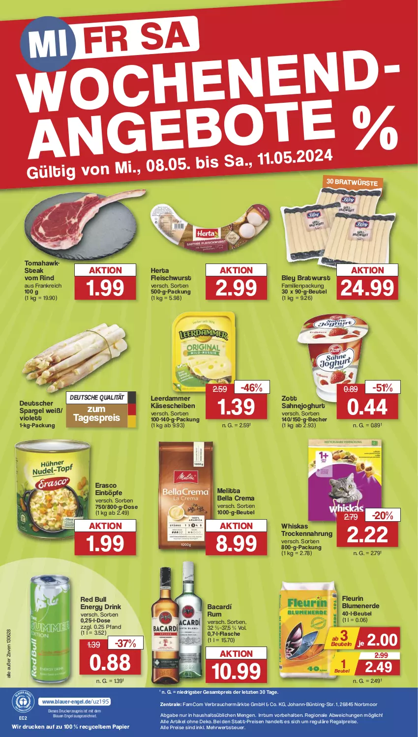 Aktueller Prospekt Famila - Prospekte - von 06.05 bis 11.05.2024 - strona 37 - produkty: auer, Becher, bella crema, beutel, bley, blume, blumen, blumenerde, bratwurst, deutscher spargel, drink, drucker, eintöpfe, eis, energy drink, Engel, erasco, erde, flasche, fleisch, fleischwurst, herta, joghur, joghurt, Käse, käsescheiben, kerze, leerdammer, melitta, papier, Rauch, red bull, regal, reis, rind, rum, rwe, sahne, Sahnejoghurt, spargel, steak, Ti, Trockennahrung, whiskas, wurst, zott, ZTE