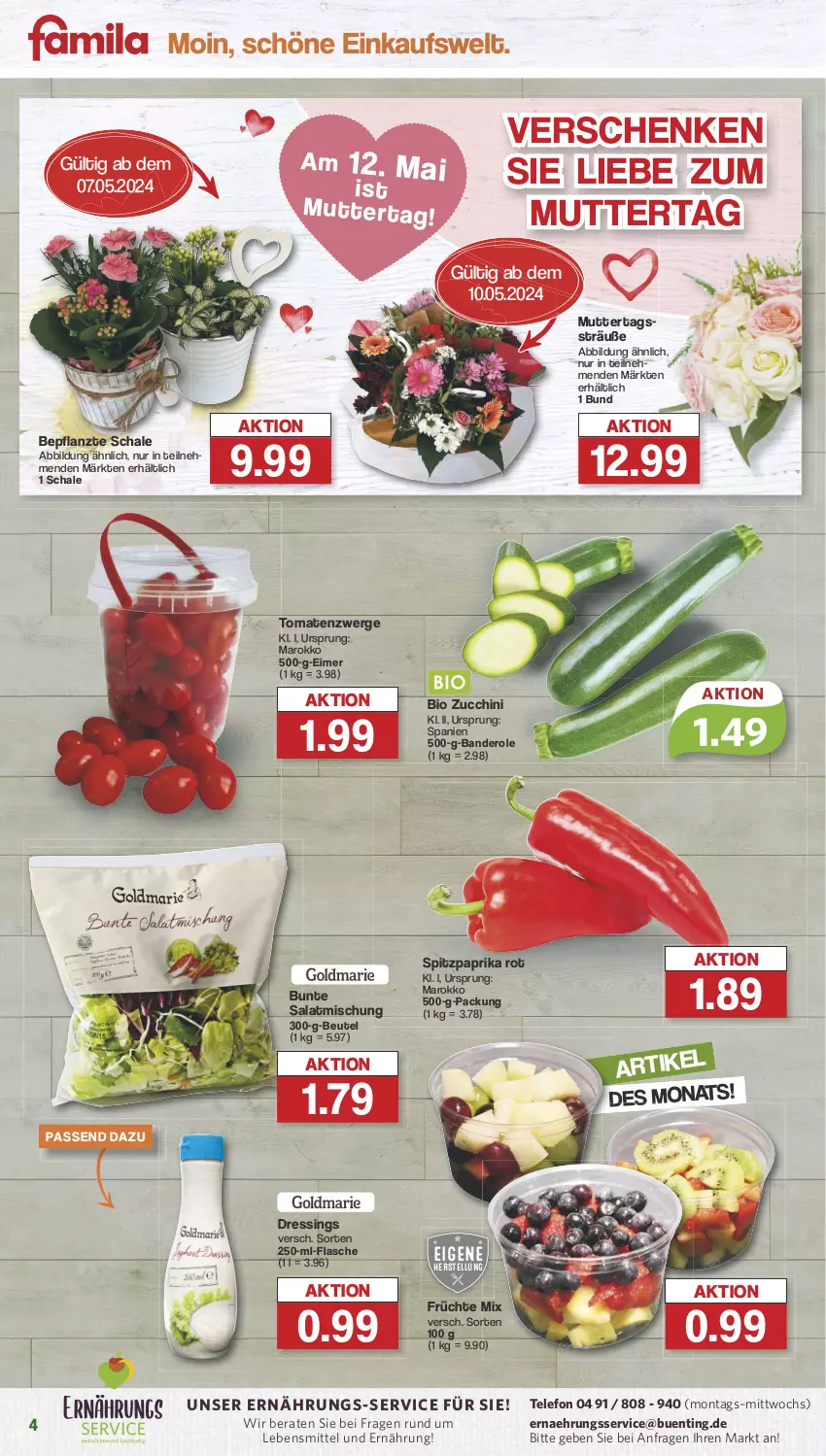 Aktueller Prospekt Famila - Prospekte - von 06.05 bis 11.05.2024 - strona 4 - produkty: beutel, bio, dressing, eimer, flasche, früchte, lebensmittel, paprika, paprika rot, salat, Schal, Schale, Spitzpaprika, telefon, Ti, tomate, tomaten, ZTE, zucchini