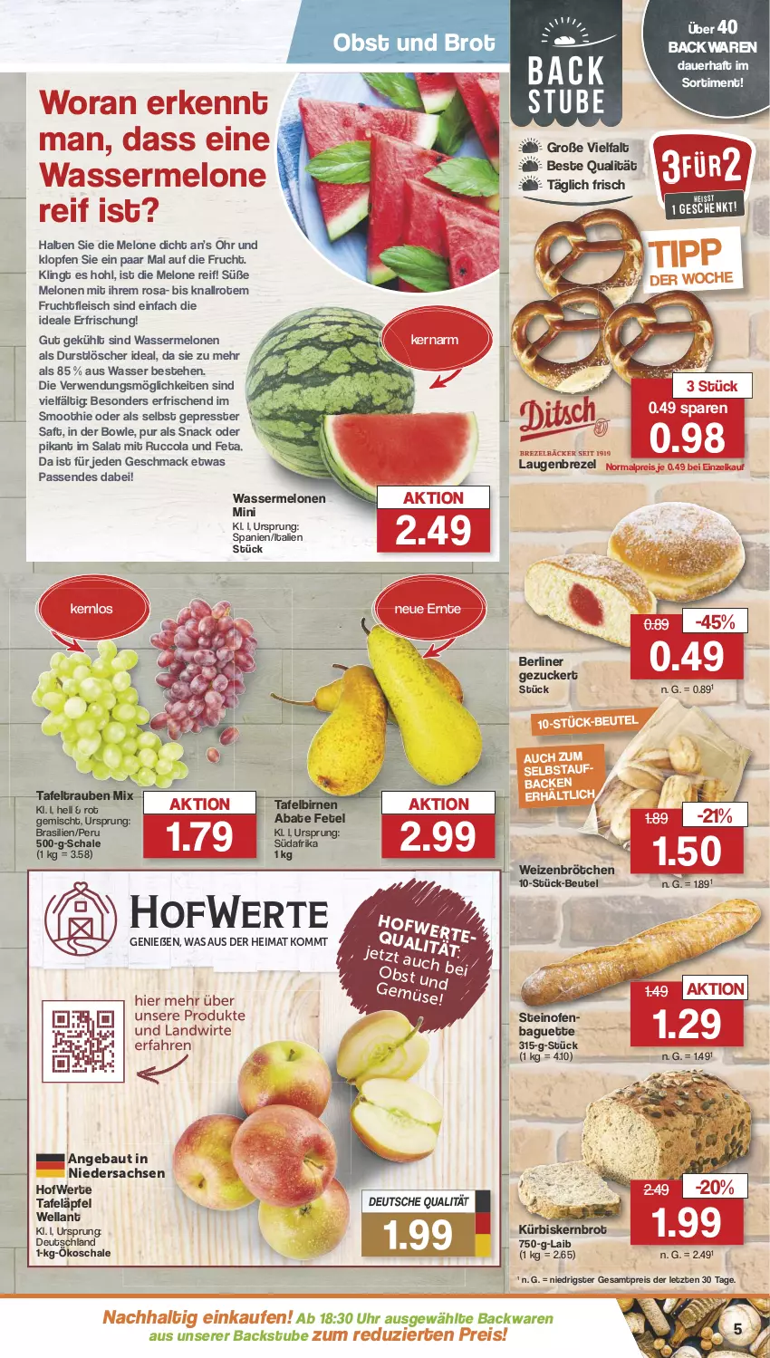 Aktueller Prospekt Famila - Prospekte - von 06.05 bis 11.05.2024 - strona 5 - produkty: auer, backwaren, baguette, Bau, berliner, beutel, Birnen, bowle, brezel, brot, brötchen, cola, durstlöscher, eis, feta, fleisch, frucht, fruchtfleisch, Kürbis, Laugenbrezel, mac, melone, melonen, obst, Ofen, reis, rwe, sac, saft, salat, Schal, Schale, smoothie, snack, steinofen, stube, tafeläpfel, tafelbirnen, tafeltrauben, Ti, trauben, uhr, wasser, wassermelone, wassermelonen, weizenbrötchen, Wella, ZTE, zucker