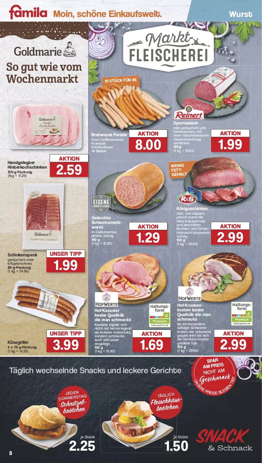 Aktueller Prospekt Famila - Prospekte - von 06.05 bis 11.05.2024 - strona 8 - produkty: auer, aufschnitt, braten, bratwurst, brötchen, buch, eis, fleisch, gelee, gewürz, Gewürzmischung, grill, grillbratwurst, hinterkochschinken, Holz, Käse, kasseler, kochschinken, krakauer, kräuter, kräutern, mac, Mantel, Mett, natur, Rauch, reis, saft, salami, salz, schinken, schinkenspeck, schnitzel, schwein, schweine, schweinebraten, schweinemett, snack, snacks, Speck, Sport, Ti, wein, weine, wurst