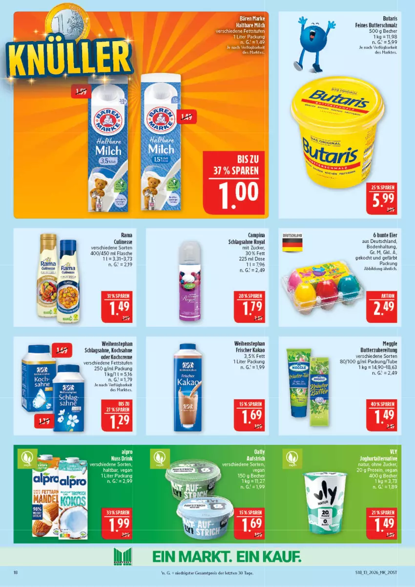 Aktueller Prospekt Marktkauf - Prospekt - von 22.03 bis 28.03.2026 - strona 18 - produkty: aufstrich, Becher, butter, creme, culinesse, eier, eis, flasche, kakao, Kochcreme, malz, mam, meggle, rama, Rama Culinesse, reis, sahne, schlagsahne, Schmalz, Ti, weihenstephan, ZTE, zucker