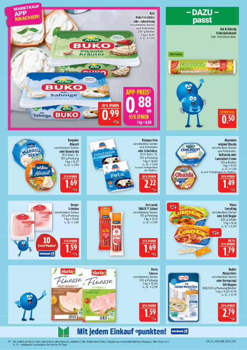 Aktueller Prospekt Marktkauf - Prospekt - von 22.03 bis 28.03.2026 - strona 20 - produkty: Alpenhain, arla, bavaria blu, Becher, bergader, Berger, beutel, Buko, creme, curry, eis, feta, filet, filets, finesse, frischkäse, gin, hering, Herings, herta, Käse, matjes, Matjesfilet, matjesfilets, meica, nadler, reis, Ria, ring, salami, schafskäse, Schal, Schale, schinken, snack, Ti, topf, veggie, ZTE