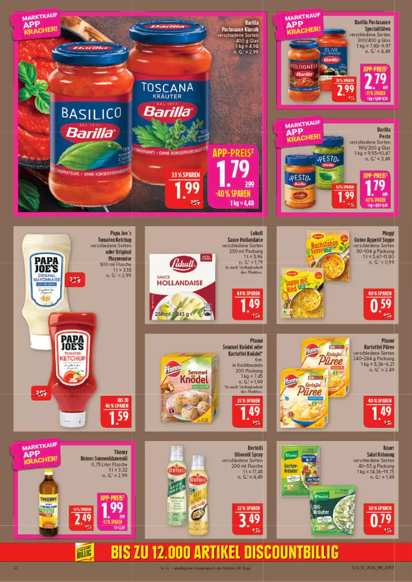 Aktueller Prospekt Marktkauf - Prospekt - von 22.03 bis 28.03.2026 - strona 22 - produkty: barilla, bertolli, beutel, blume, blumen, blumenöl, discount, flasche, gin, hollandaise, kartoffel, Knödel, knorr, kochbeutel, kräuter, lukull, maggi, mayonnaise, olive, oliven, olivenöl, pasta, pesto, pfanni, püree, salat, sauce, sauce hollandaise, Semmel, sonnenblume, sonnenblumen, sonnenblumenöl, Spezi, suppe, Ti, tomate, tomaten, Yo