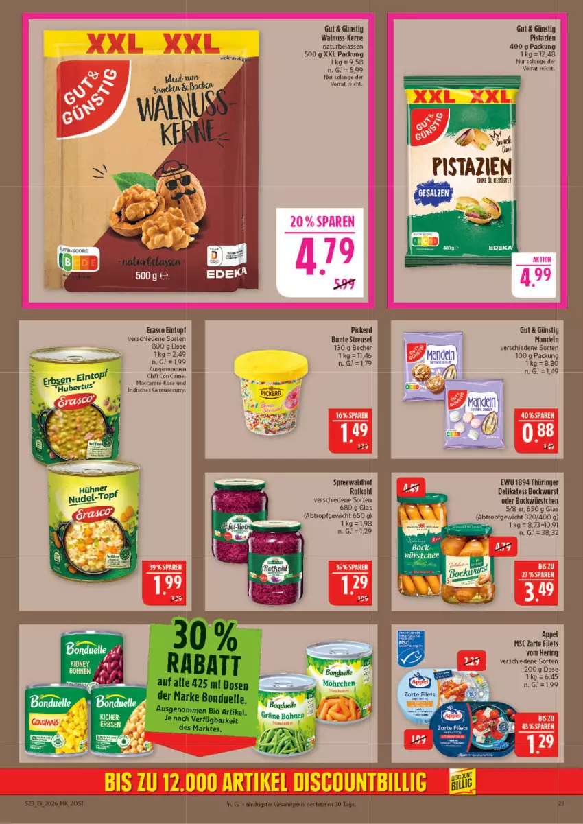 Aktueller Prospekt Marktkauf - Prospekt - von 22.03 bis 28.03.2026 - strona 23 - produkty: ACC, Becher, bockwurst, chili, eintopf, erasco, erbsen, filet, filets, hering, Käse, mac, natur, nuss, pistazien, ring, rotkohl, spreewaldhof, Ti, topf, walnuss, wurst, würstchen