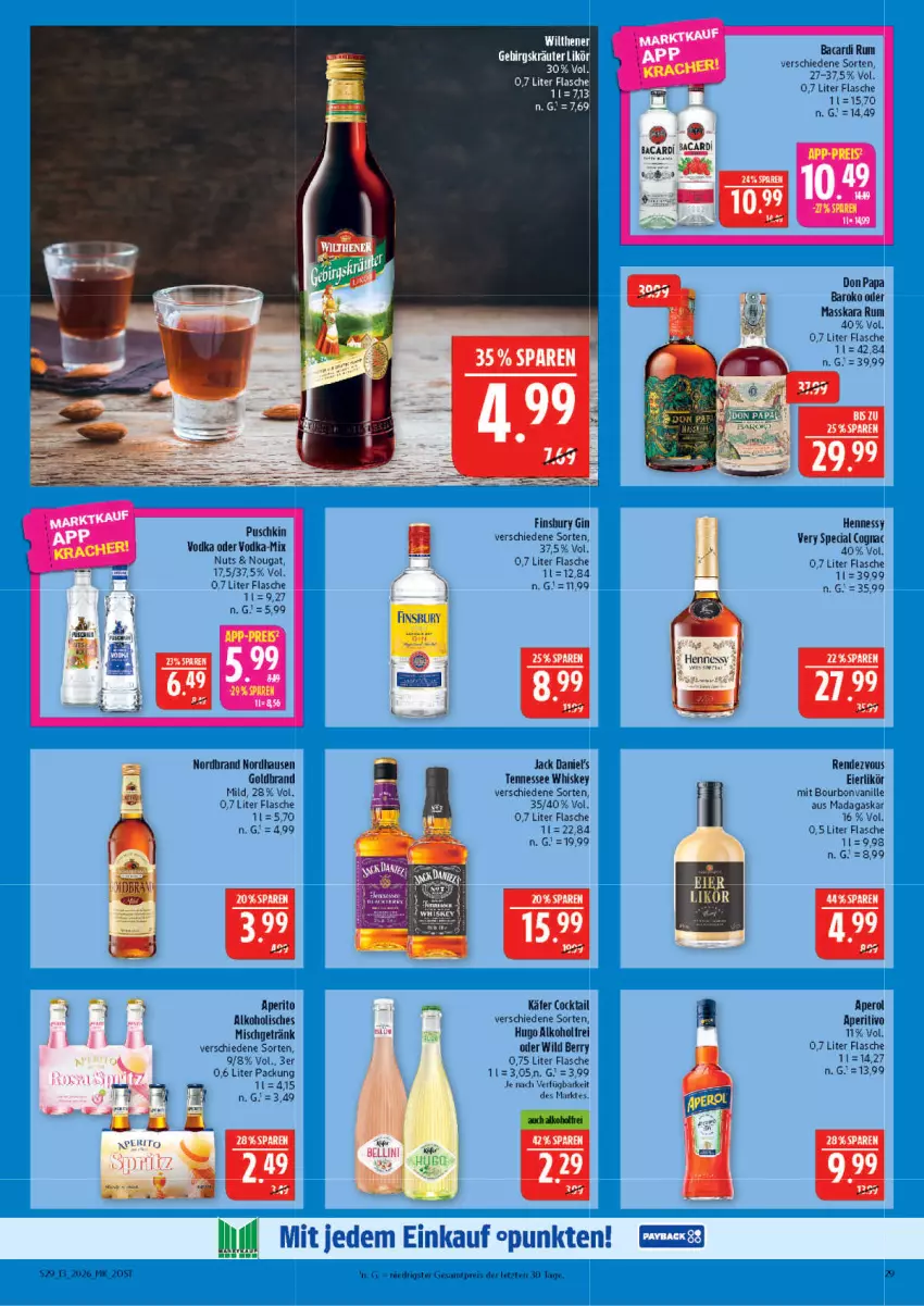 Aktueller Prospekt Marktkauf - Prospekt - von 22.03 bis 28.03.2026 - strona 29 - produkty: alkohol, aperol, bourbon, bourbonvanille, cocktail, Cognac, eier, eierlikör, eis, finsbury, flasche, getränk, gin, hugo, jack daniel, jack daniel's, käfer, likör, nordbrand, puschkin vodka, reis, rum, tennessee whiskey, Ti, vanille, vodka, whiskey, Wild, wild berry, ZTE