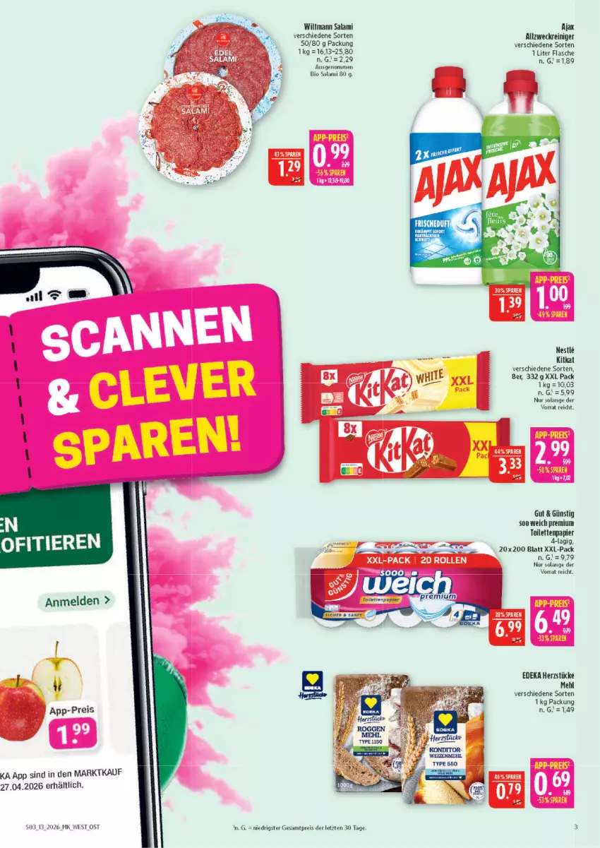 Aktueller Prospekt Marktkauf - Prospekt - von 22.03 bis 28.03.2026 - strona 3 - produkty: ajax, allzweckreiniger, bio, deka, eis, flasche, kitkat, mehl, papier, reiniger, reis, salami, Ti, toilettenpapier, weck, wiltmann, ZTE