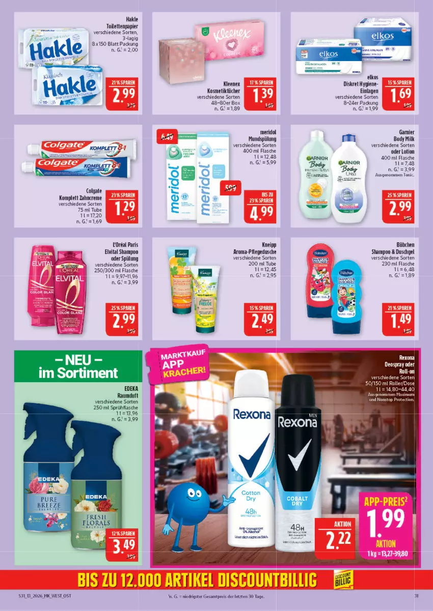 Aktueller Prospekt Marktkauf - Prospekt - von 22.03 bis 28.03.2026 - strona 31 - produkty: alkohol, body, body milk, bübchen, colgate, creme, deka, dusche, duschgel, eis, elkos, flasche, garnier, hakle, hakle toilettenpapier, kneipp, kosmetik, Kosmetiktücher, LG, loreal, Lotion, meridol, mundspülung, papier, pflegedusche, Raumduft, reis, rel, rexona, Roller, shampoo, sprühflasche, spülung, Ti, toilettenpapier, tonic, tücher, zahncreme, ZTE