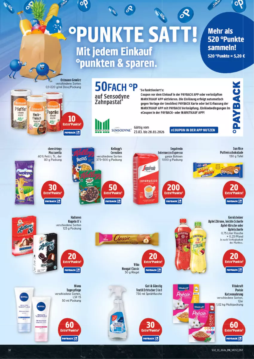 Aktueller Prospekt Marktkauf - Prospekt - von 22.03 bis 28.03.2026 - strona 32 - produkty: apfel, Apfelschorle, auto, bohne, bohnen, cerealien, coupon, eis, Eisschokolade, espresso, flasche, fleisch, gerolsteine, gerolsteiner, gewürz, intermezzo, katzennahrung, kellogg's, kirsch, kirsche, kraft, Kugel, LG, mozzarella, nivea, paprika, payback, pfeffer, reis, reiss, rel, riegel, ring, schoko, schokolade, schorle, Segafredo, sensodyne, Sofa, sprühflasche, steiner, String, Tagespflege, Ti, tisch, vita, vitakraft, zitrone