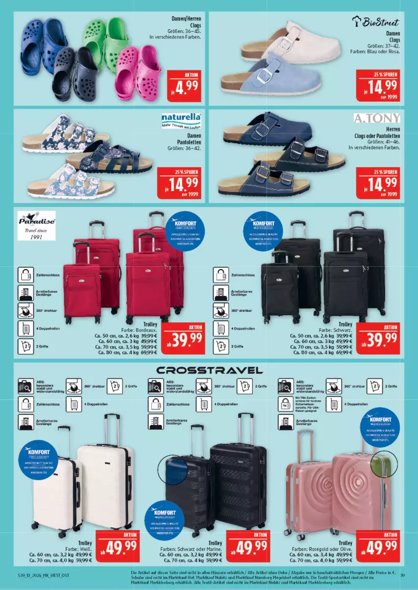 Aktueller Prospekt Marktkauf - Prospekt - von 22.03 bis 28.03.2026 - strona 39 - produkty: Clogs, eis, Laufen, LG, olive, pantolette, pantoletten, reis, schuhe, Sport, Ti, trolley