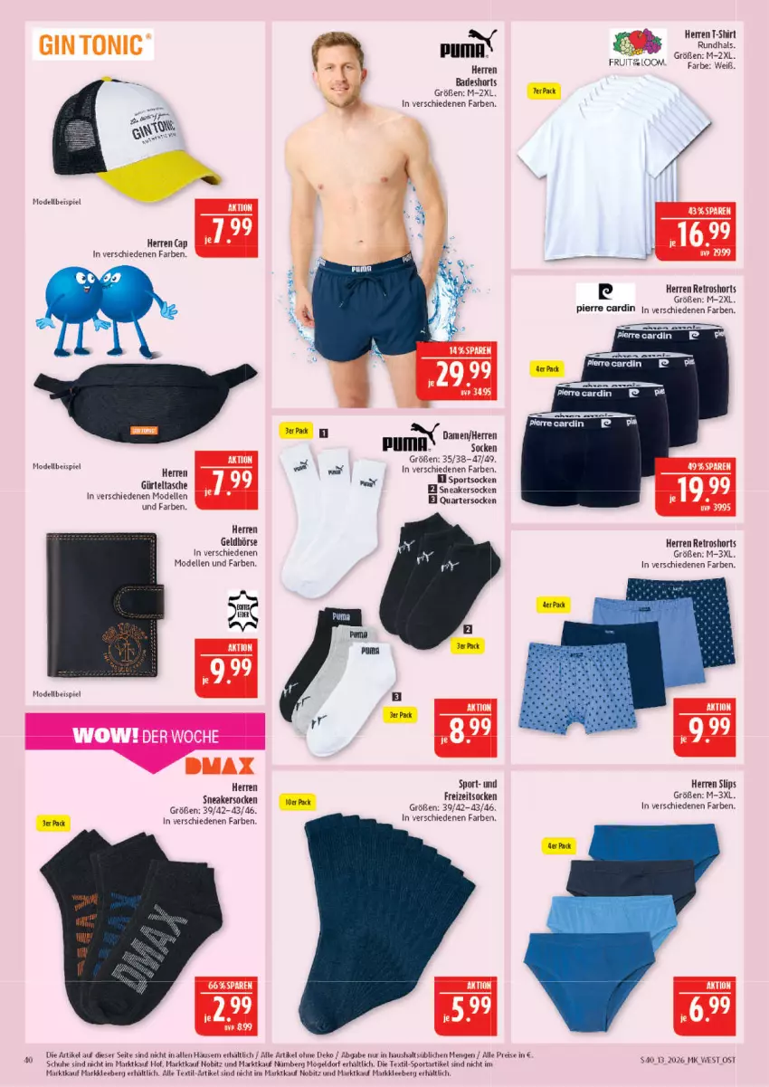 Aktueller Prospekt Marktkauf - Prospekt - von 22.03 bis 28.03.2026 - strona 40 - produkty: Bad, badeshorts, Cap, dell, eis, elle, Freizeitsocken, gürteltasche, herren badeshort, Mode, Pierre Cardin, puma, reis, retroshorts, schuhe, shirt, shorts, slip, slips, sneaker, sneakersocken, socken, spee, Sport, sportsocken, T-Shirt, Tasche, Ti