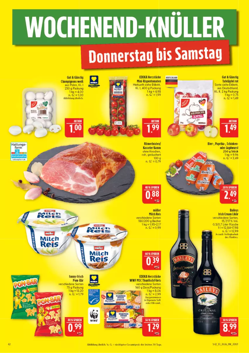 Aktueller Prospekt Marktkauf - Prospekt - von 22.03 bis 28.03.2026 - strona 42 - produkty: baileys, Becher, bier, braten, champignon, champignons, deka, eis, filet, filets, fisch, flasche, irish cream, jagdwurst, kasseler, likör, milch, mini-rispentomaten, Müller, olive, oliven, olivenöl, paprika, reis, rispentomaten, saft, schinken, tafeläpfel, thunfisch, thunfisch filets, Ti, tomate, tomaten, wurst, ZTE