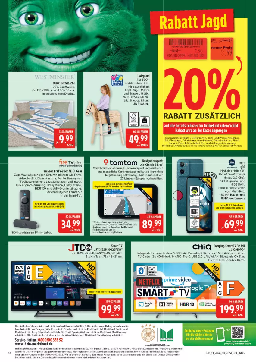 Aktueller Prospekt Marktkauf - Prospekt - von 22.03 bis 28.03.2026 - strona 44 - produkty: akku, alexa, Astra, Bank, Bau, baumwolle, bett, bettwäsche, buch, deka, deo, disney, eis, ente, erde, fernbedienung, fernseher, frontkamera, guthabenkarte, gutschein, Handy, HDMI, Holz, jtc, kamera, motorola, navigationsgerät, netflix, powerbank, reis, Ria, ring, sac, schuhe, Sitzhöhe, Sport, Tchibo, telefon, Ti, tomtom, usb, wolle