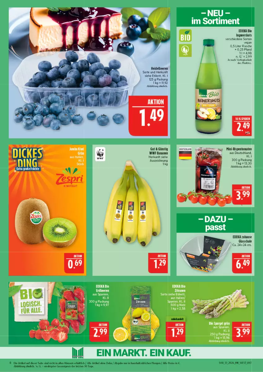 Aktueller Prospekt Marktkauf - Prospekt - von 22.03 bis 28.03.2026 - strona 8 - produkty: banane, bananen, beere, beeren, bio, deka, edeka bio, eis, flasche, heidelbeere, heidelbeeren, ingwer, mini-rispentomaten, reis, rispentomaten, Schal, Schale, Ti, tomate, tomaten, ZTE