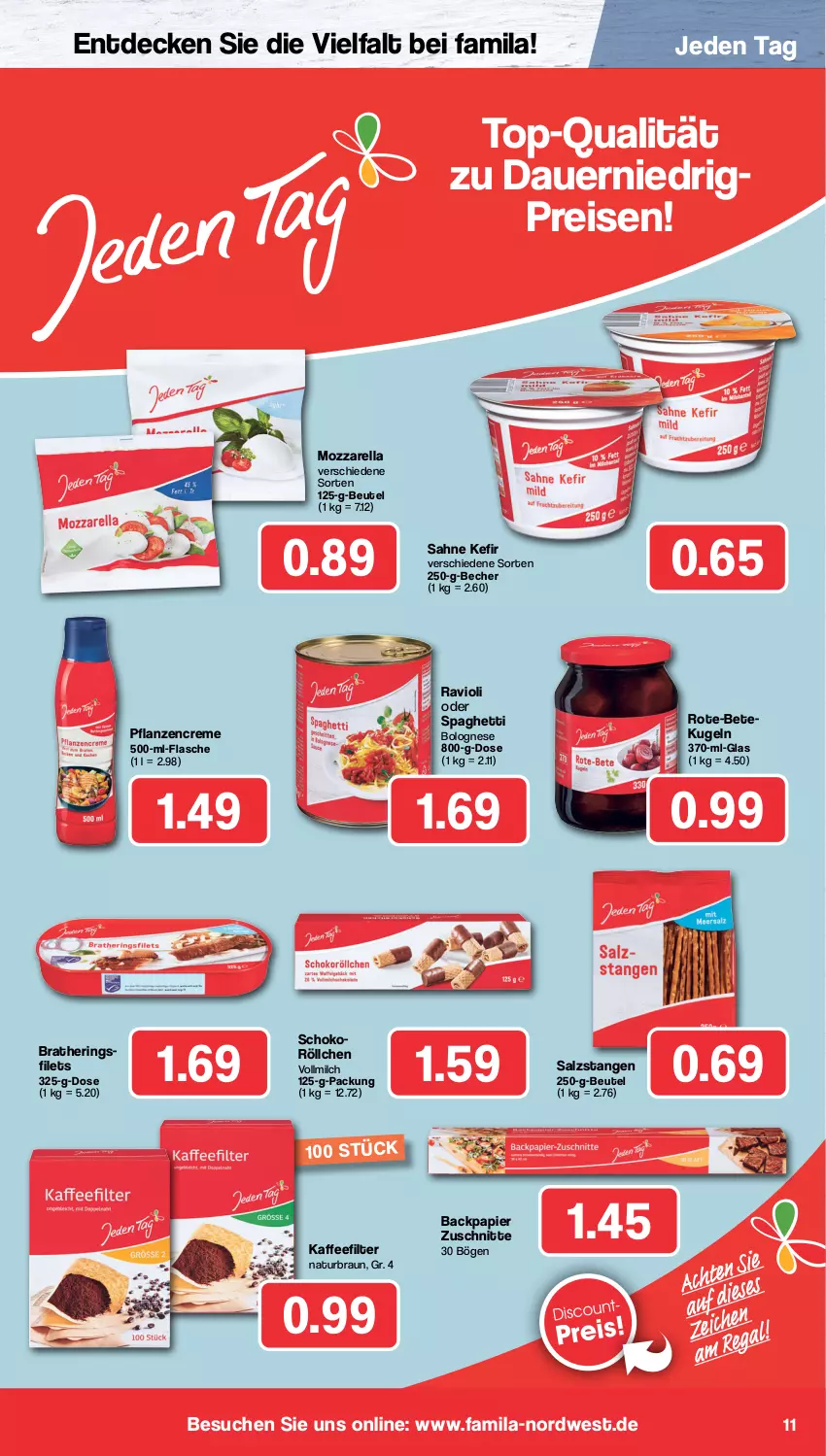 Aktueller Prospekt Famila - Prospekte - von 30.10 bis 04.11.2023 - strona 11 - produkty: auer, Becher, beutel, bolognese, braun, creme, decke, eis, filet, filets, flasche, hering, Herings, heringsfilets, kaffee, Kefir, Kugel, milch, mozzarella, natur, papier, pflanze, pflanzen, pflanzencreme, ravioli, reis, rel, ring, sahne, salz, Salzstange, Salzstangen, schoko, spaghetti, Ti, vollmilch