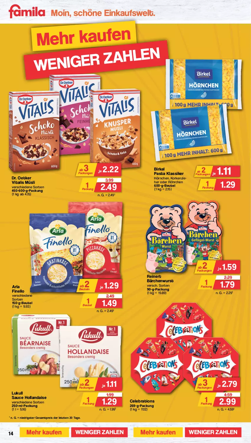 Aktueller Prospekt Famila - Prospekte - von 30.10 bis 04.11.2023 - strona 14 - produkty: arla, beutel, birkel, Dr. Oetker, eis, finello, hollandaise, hörnchen, lukull, müsli, pasta, reinert, reis, sauce, sauce hollandaise, Ti, vita, vitalis, vitalis müsli, wurst, ZTE