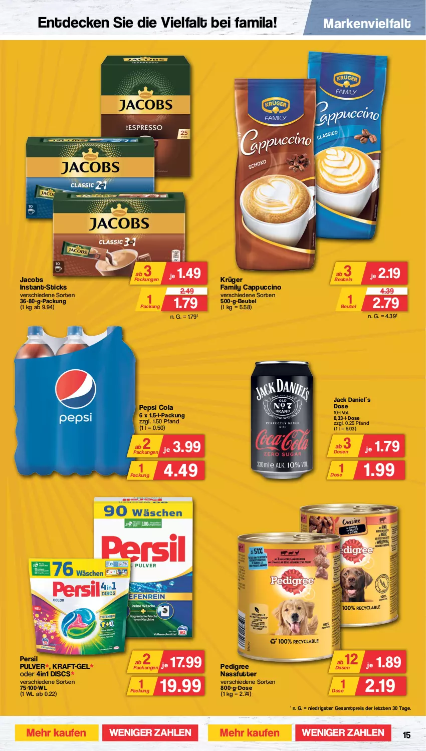 Aktueller Prospekt Famila - Prospekte - von 30.10 bis 04.11.2023 - strona 15 - produkty: beutel, Cap, cappuccino, cin, cola, decke, eis, jack daniel, jacobs, kraft, krüger, nassfutter, pedigree, pepsi, Pepsi Cola, persil, reis, Ti, ZTE