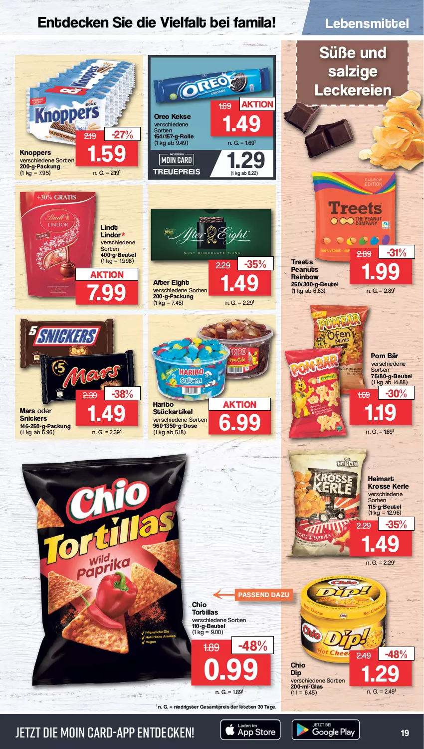 Aktueller Prospekt Famila - Prospekte - von 30.10 bis 04.11.2023 - strona 19 - produkty: after eight, beutel, decke, dip, eis, haribo, keks, kekse, knoppers, lebensmittel, lindor, lindt, mars, oreo, reis, salz, snickers, Ti, tortilla, tortillas, ZTE