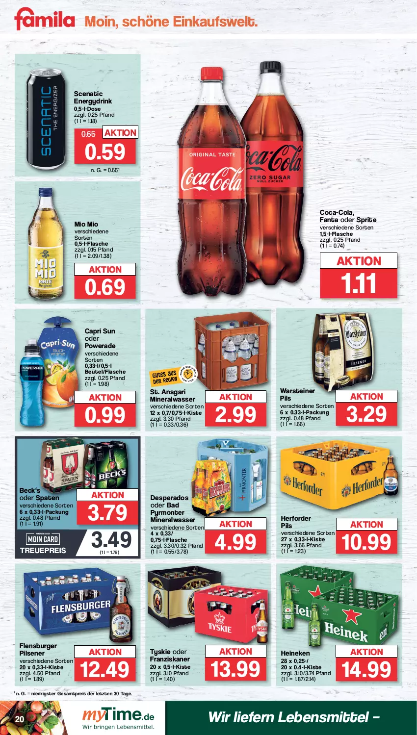 Aktueller Prospekt Famila - Prospekte - von 30.10 bis 04.11.2023 - strona 20 - produkty: Alwa, Bad, beutel, burger, Cap, coca-cola, cola, desperados, drink, eis, fanta, fanta oder, fanta oder sprite, flasche, flensburger, franziskaner, heineken, lebensmittel, mineralwasser, Mio Mio, monte, oder sprite, pils, pilsener, reis, Spaten, sprite, steiner, Ti, tyskie, warsteiner, wasser, ZTE