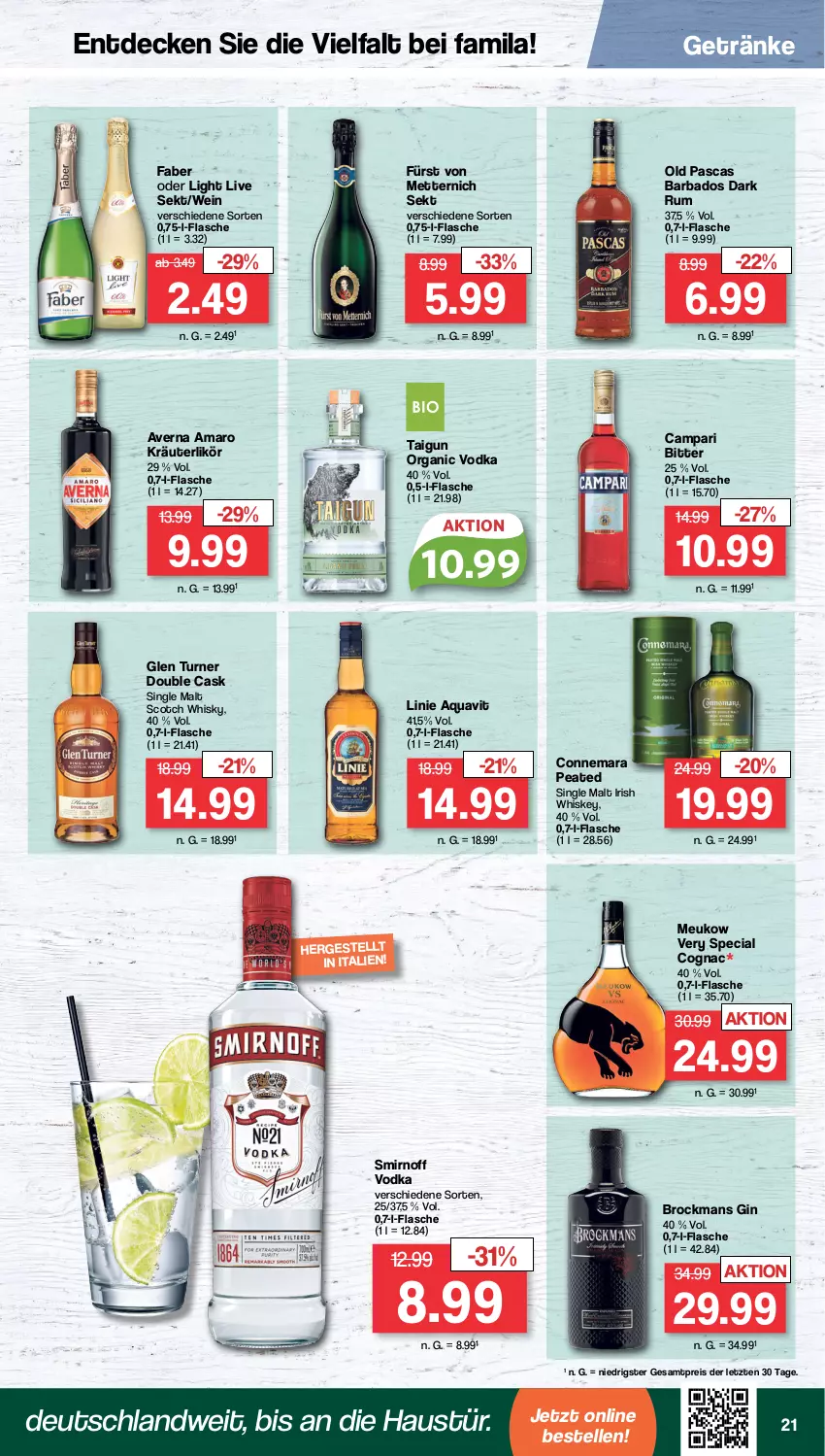 Aktueller Prospekt Famila - Prospekte - von 30.10 bis 04.11.2023 - strona 21 - produkty: amaro, aqua, aquavit, aust, averna, Bad, Brock, campari, Cognac, decke, eis, elle, flasche, fürst von metternich, getränk, getränke, gin, irish whiskey, kräuter, kräuterlikör, likör, Mett, metternich, reis, rum, scotch, scotch whisky, sekt, single malt, smirnoff, Ti, vodka, wein, whiskey, whisky, ZTE