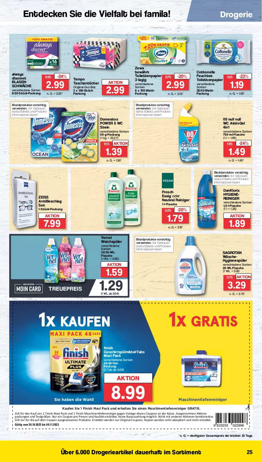 Aktueller Prospekt Famila - Prospekte - von 30.10 bis 04.11.2023 - strona 26 - produkty: Alwa, Always, auer, bio, biozidprodukte, cottonelle, coupon, coupons, danklorix, decke, Discreet, domestos, eis, elle, erde, essig, feuchtes toilettenpapier, Finish, flasche, Frosch, geschirr, geschirrspülmittel, gin, hygienespüler, papier, Rauch, reiniger, reis, rwe, sagrotan, spülmittel, Tasche, taschen, taschentücher, Tempo, Ti, toilettenpapier, tücher, vernel, weichspüler, zewa, ZTE