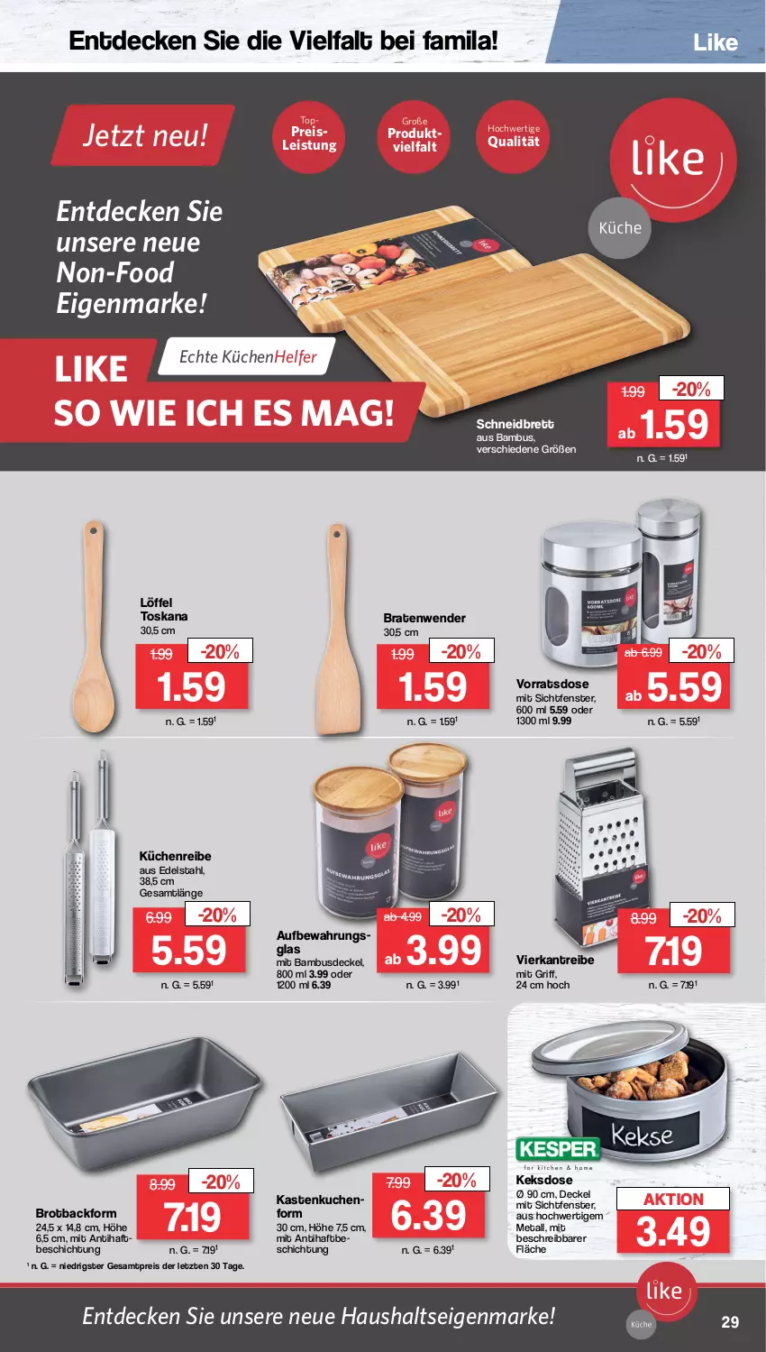 Aktueller Prospekt Famila - Prospekte - von 30.10 bis 04.11.2023 - strona 30 - produkty: Backform, bambus, braten, brot, decke, Deckel, edelstahl, eis, fenster, Kastenkuchen, Kastenkuchenform, keks, Keksdose, küche, Küchen, kuchen, Küchenhelfer, Küchenreibe, Löffel, reis, Ti, ZTE