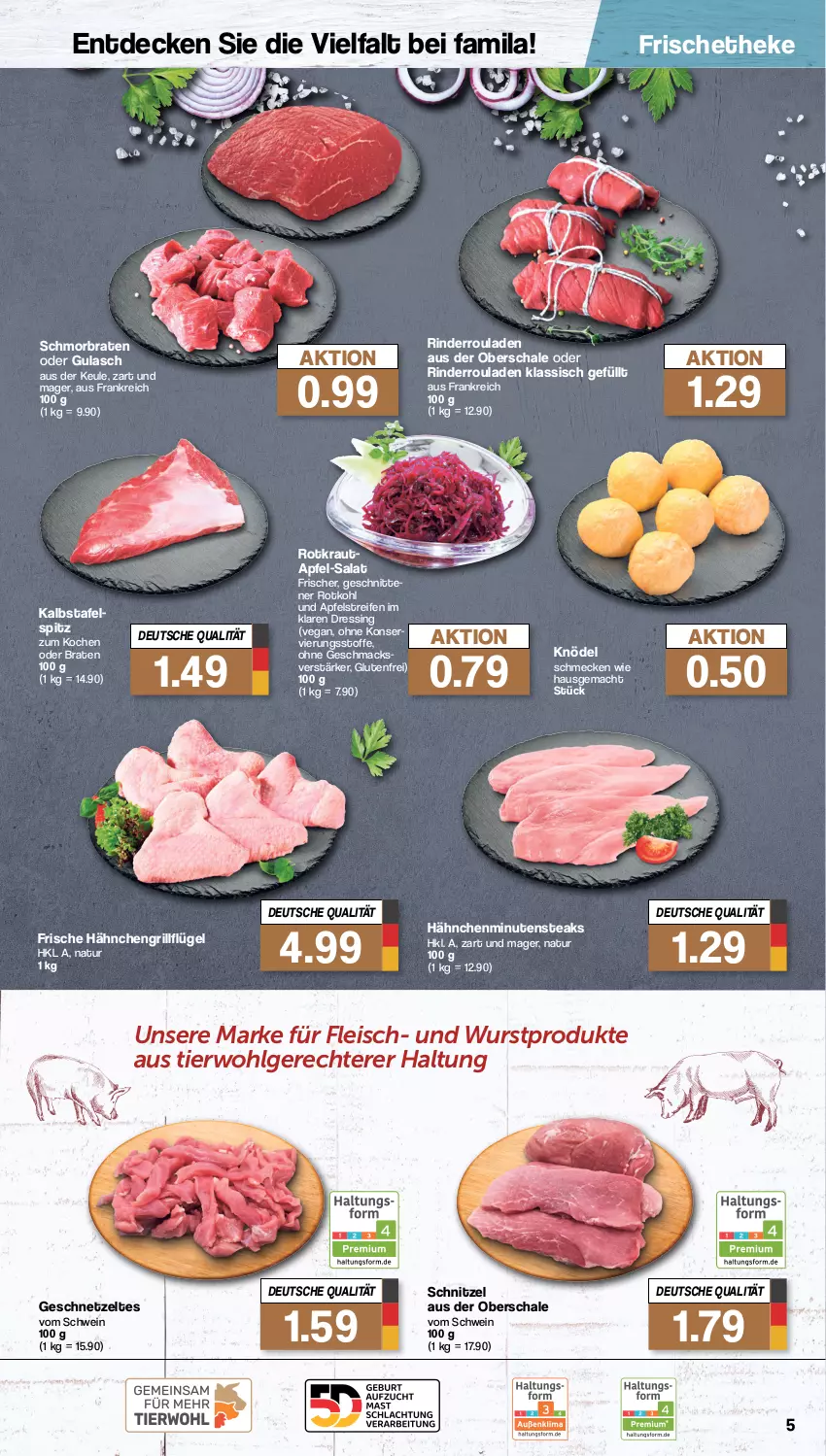 Aktueller Prospekt Famila - Prospekte - von 30.10 bis 04.11.2023 - strona 5 - produkty: apfel, braten, decke, dressing, eis, fleisch, Frische Hähnchen, geschnetzeltes, grill, gulasch, Knödel, Kraut, LG, mac, minutensteaks, natur, reifen, rind, rinder, Rinderroulade, rinderrouladen, rotkohl, rouladen, salat, Schal, Schale, schmorbraten, schnitten, schnitzel, schwein, steak, steaks, tafelspitz, Ti, wein, wurst, Zelt