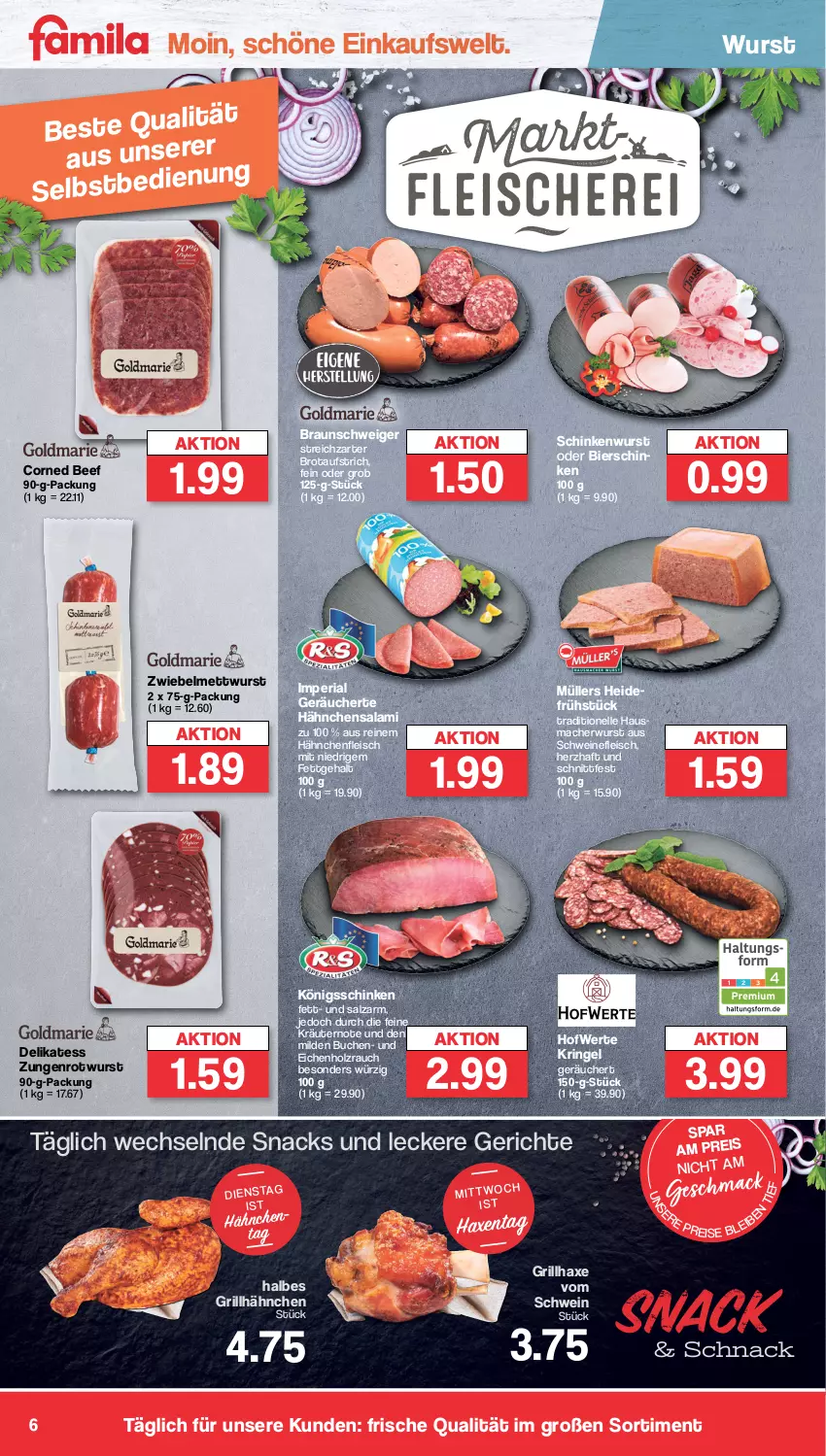 Aktueller Prospekt Famila - Prospekte - von 30.10 bis 04.11.2023 - strona 6 - produkty: aufstrich, axe, beef, bier, bierschinken, braun, brot, brotaufstrich, buch, corned beef, eis, elle, fleisch, grill, grillhähnchen, grillhaxe, Hähnchenfleisch, Hausmacher, Haxe, heidefrühstück, Holz, kräuter, kräutern, mac, Mett, mettwurst, Müller, Rauch, reis, Ria, ring, Rotwurst, salami, salz, schinken, schinkenwurst, schwein, schweine, schweinefleisch, snack, snacks, Streichzart, Ti, wein, weine, wurst, zwiebel, zwiebelmettwurst