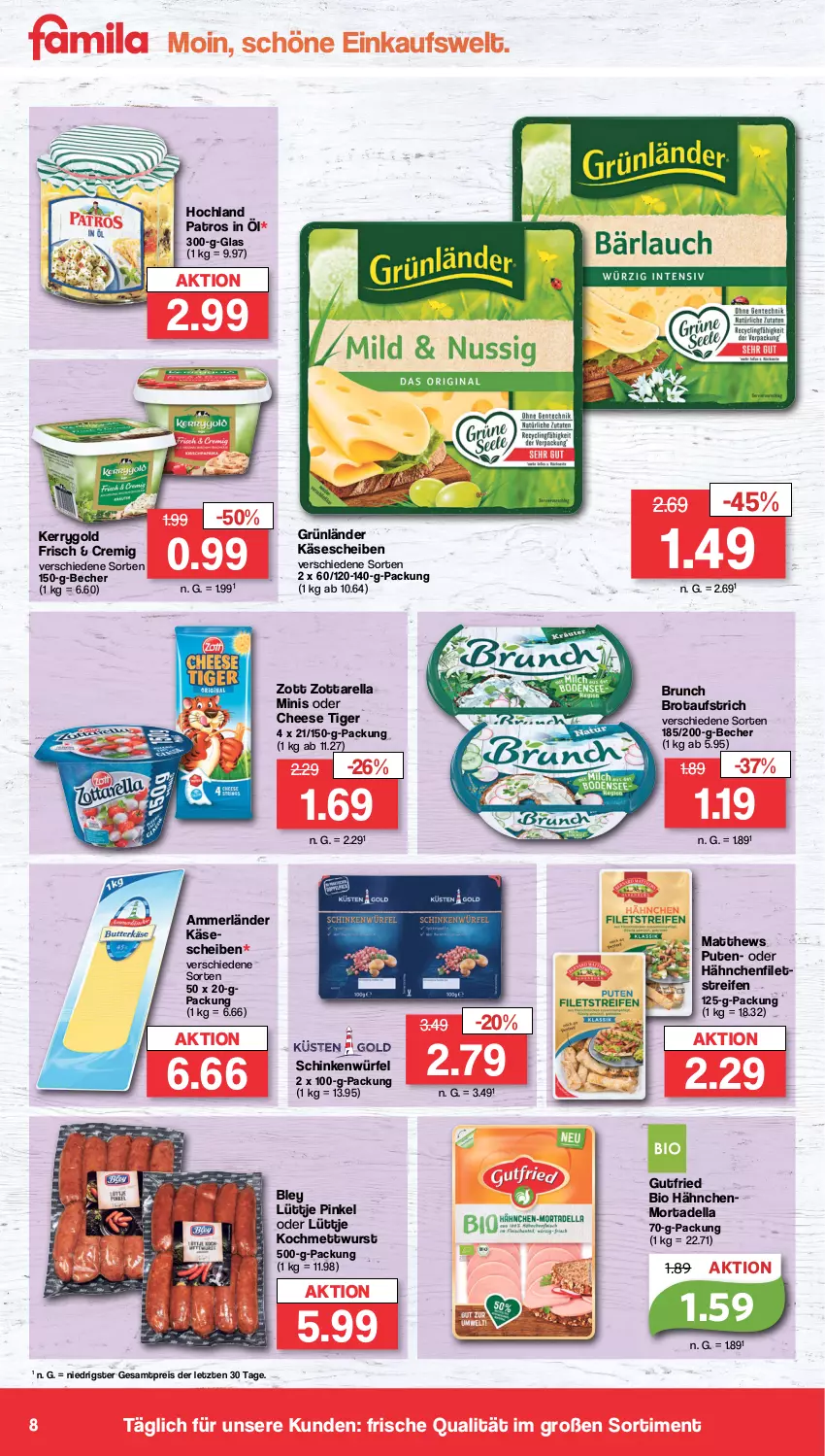 Aktueller Prospekt Famila - Prospekte - von 30.10 bis 04.11.2023 - strona 8 - produkty: ammerländer, aufstrich, Becher, bio, bley, brot, brotaufstrich, dell, eis, filet, filets, grünländer, gutfried, hochland, Käse, käsescheiben, kerrygold, merl, Mett, mettwurst, mortadella, patros, pute, reifen, reis, rel, schinken, Ti, würfel, wurst, zott, zottarella, zottarella minis, ZTE