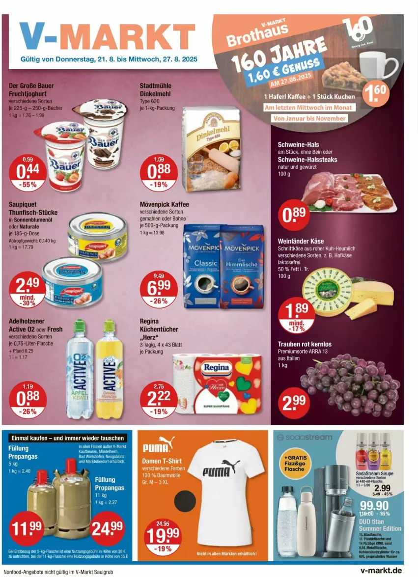 Aktueller Prospekt Vmarkt - Prospekte - von 21.08 bis 27.08.2025 - strona 1 - produkty: adelholzener, angebot, angebote, apfel, auer, Bau, Bauer, Becher, blume, blumen, blumenöl, bohne, dinkelmehl, fisch, flasche, frucht, fruchtjoghurt, Füllung Propangas, gewürz, gin, Heu, heumilch, Holz, joghur, joghurt, kaffee, Käse, küche, Küchen, küchentücher, LG, mehl, milch, mövenpick, mövenpick kaffee, natur, natura, saupiquet, schnittkäse, schwein, schweine, sirup, Soda, sodastream, sonnenblume, sonnenblumen, sonnenblumenöl, steak, steaks, thunfisch, Ti, trauben, tücher, wein, weine