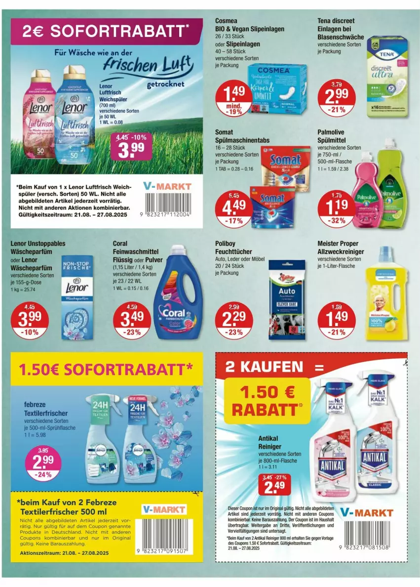 Aktueller Prospekt Vmarkt - Prospekte - von 21.08 bis 27.08.2025 - strona 10 - produkty: allzweckreiniger, auto, bio, Coral, cosmea, coupon, coupons, Discreet, eis, febreze, feinwaschmittel, feuchttücher, flasche, gin, je 1-liter-flasche, lenor, Meister, meister proper, möbel, olive, palmolive, reiniger, slip, slipeinlagen, sofortrabatt, somat, sprühflasche, spülmaschinen, spülmaschinentabs, spülmittel, Textilerfrischer, Ti, tücher, wäscheparfüm, waschmittel, weck